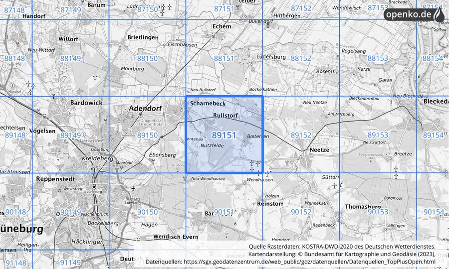 Übersichtskarte des KOSTRA-DWD-2020-Rasterfeldes Nr. 89151