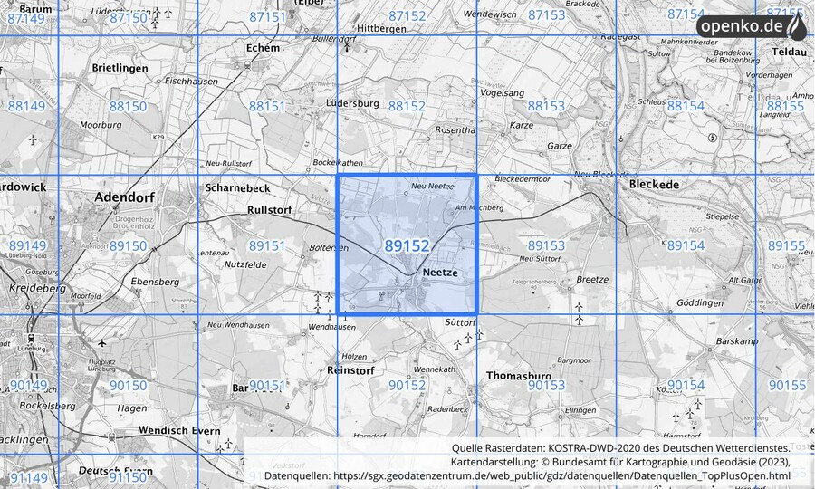 Übersichtskarte des KOSTRA-DWD-2020-Rasterfeldes Nr. 89152