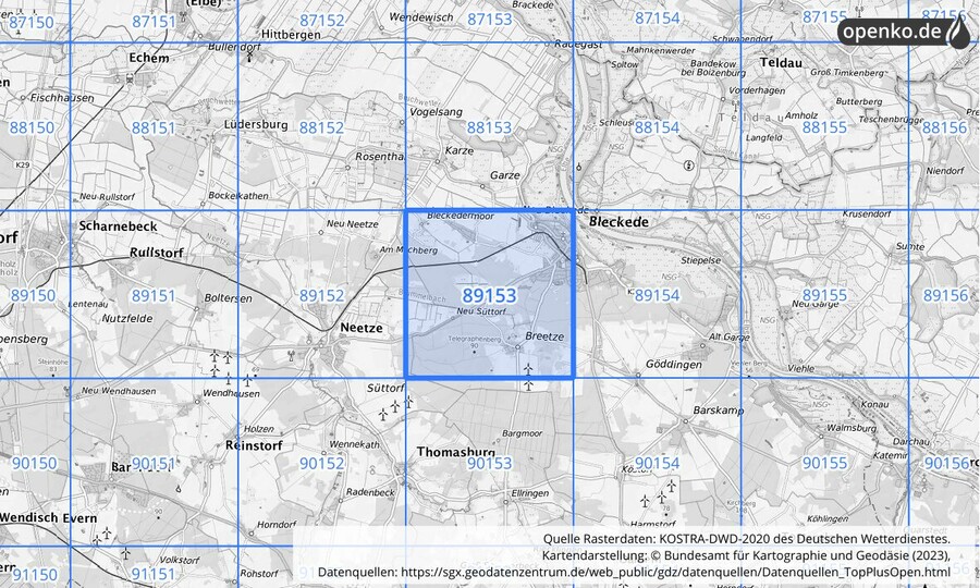 Übersichtskarte des KOSTRA-DWD-2020-Rasterfeldes Nr. 89153