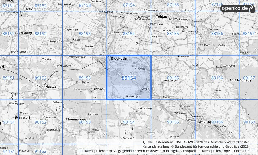 Übersichtskarte des KOSTRA-DWD-2020-Rasterfeldes Nr. 89154