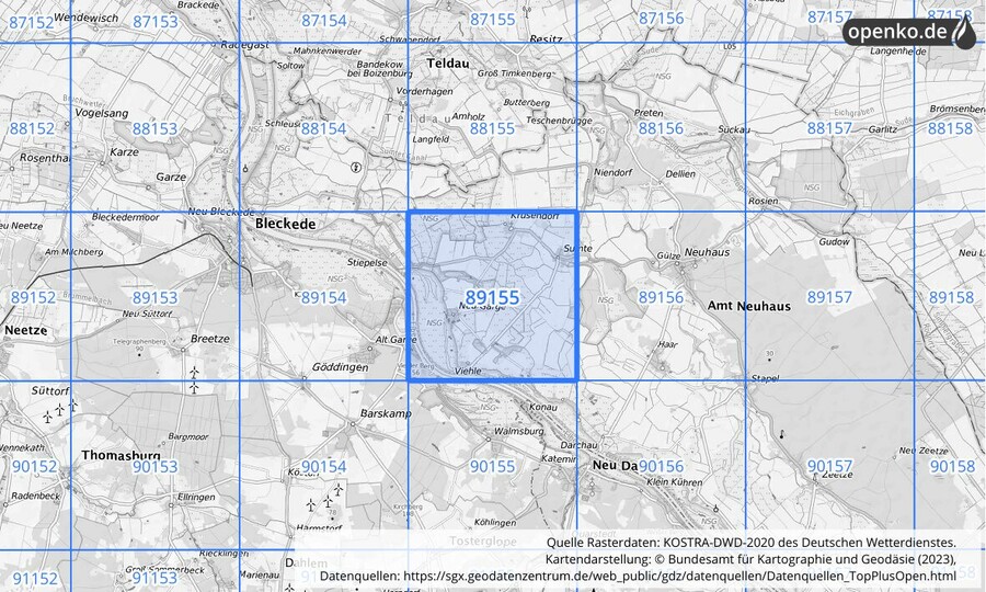 Übersichtskarte des KOSTRA-DWD-2020-Rasterfeldes Nr. 89155