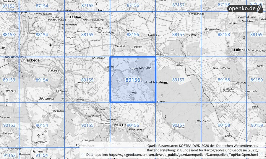 Übersichtskarte des KOSTRA-DWD-2020-Rasterfeldes Nr. 89156