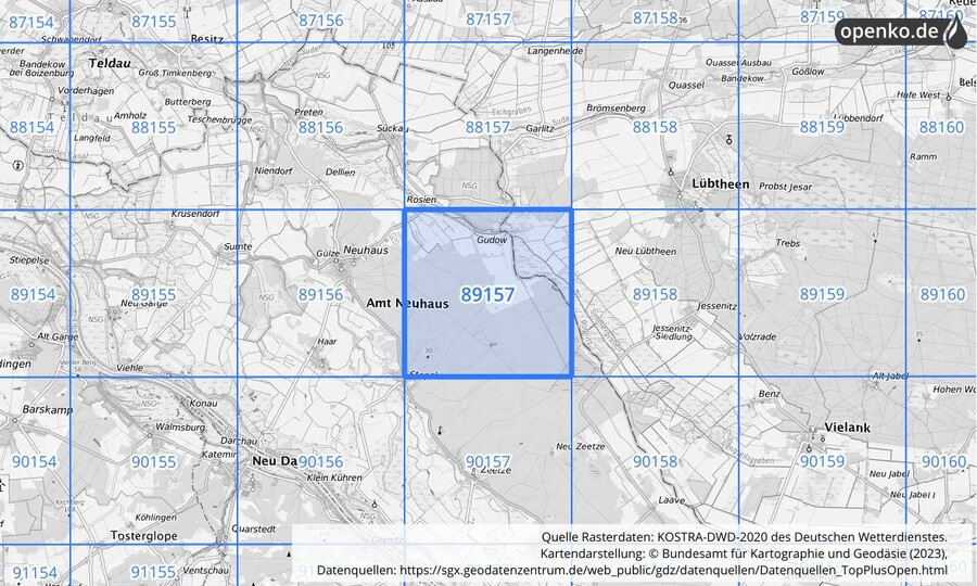 Übersichtskarte des KOSTRA-DWD-2020-Rasterfeldes Nr. 89157