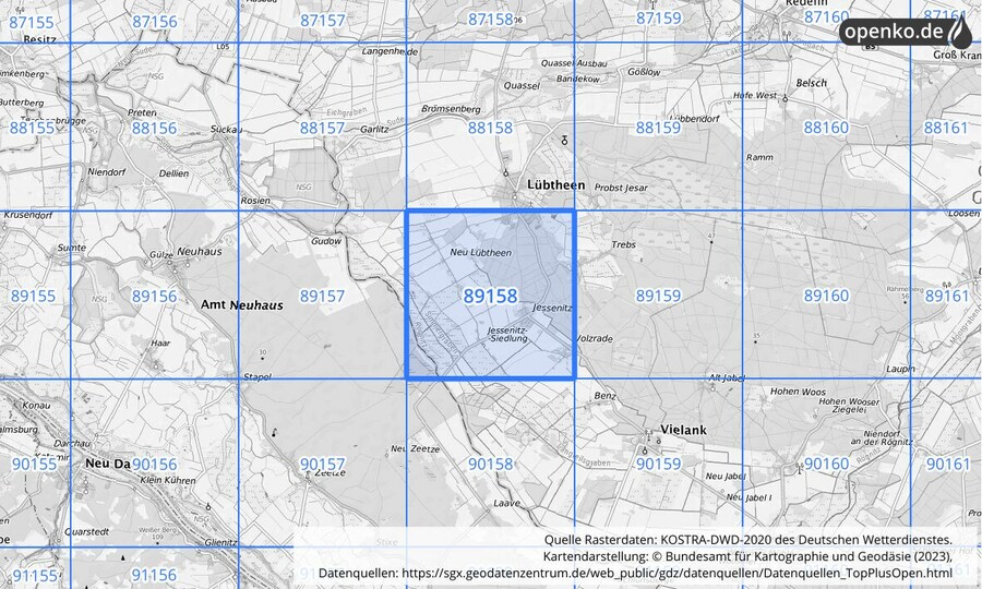 Übersichtskarte des KOSTRA-DWD-2020-Rasterfeldes Nr. 89158