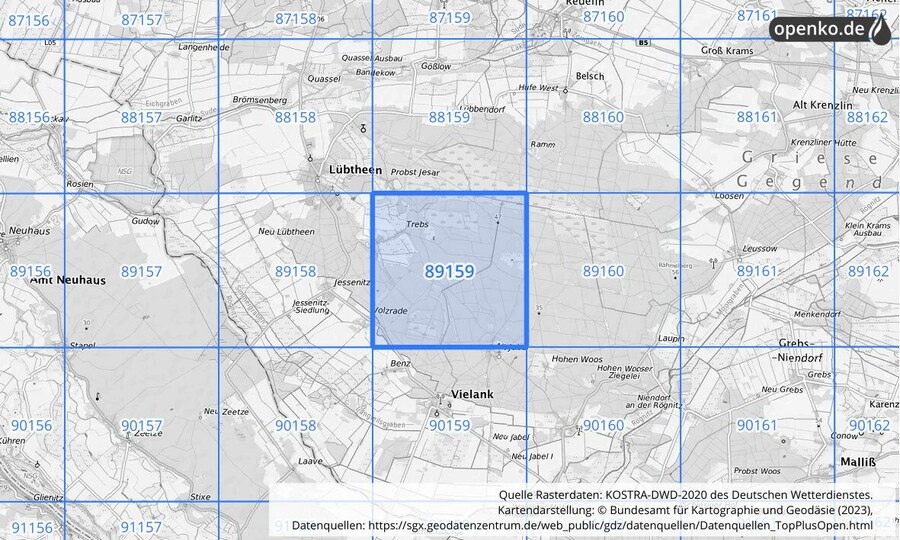 Übersichtskarte des KOSTRA-DWD-2020-Rasterfeldes Nr. 89159