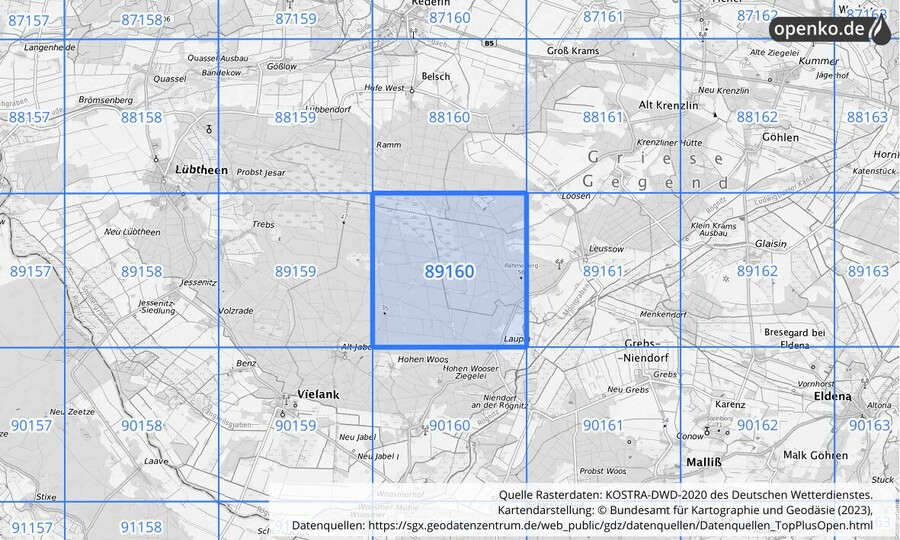 Übersichtskarte des KOSTRA-DWD-2020-Rasterfeldes Nr. 89160