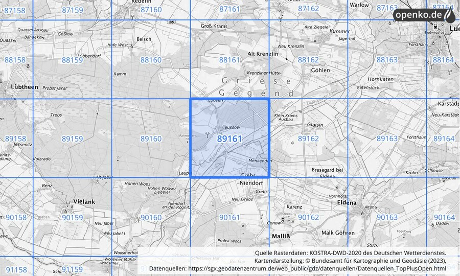 Übersichtskarte des KOSTRA-DWD-2020-Rasterfeldes Nr. 89161