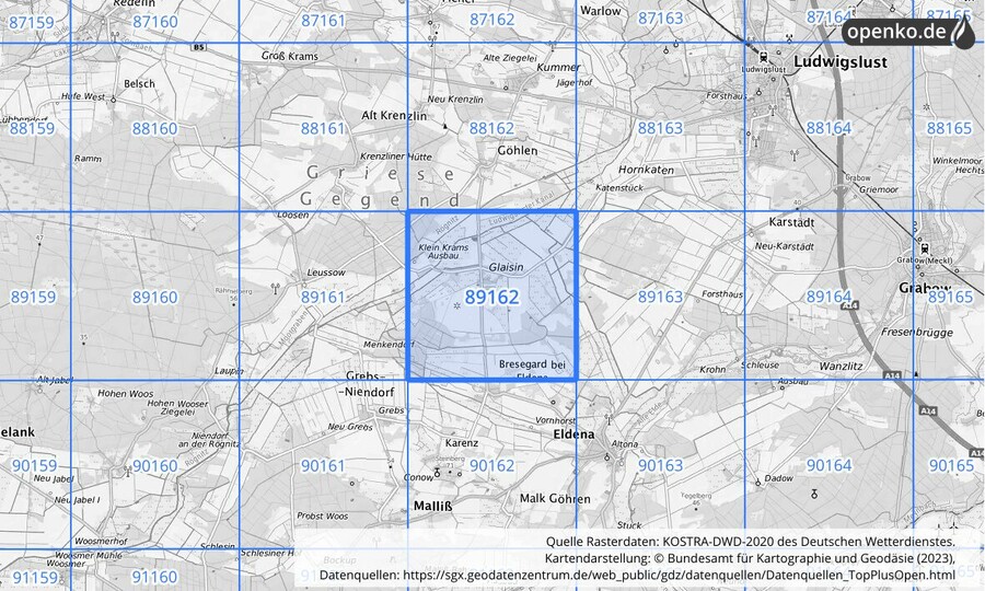 Übersichtskarte des KOSTRA-DWD-2020-Rasterfeldes Nr. 89162