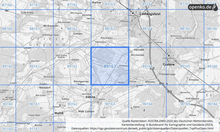 Übersichtskarte des KOSTRA-DWD-2020-Rasterfeldes Nr. 89163