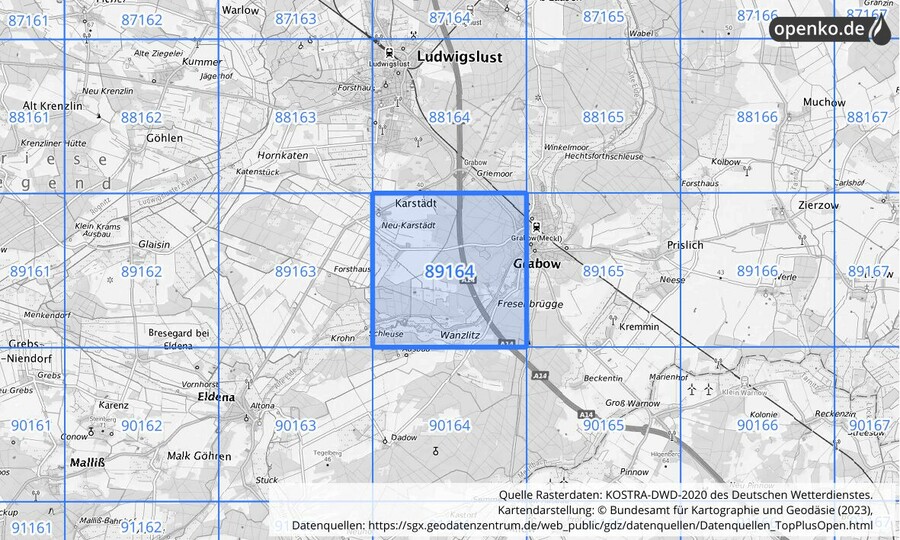 Übersichtskarte des KOSTRA-DWD-2020-Rasterfeldes Nr. 89164