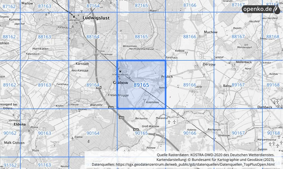 Übersichtskarte des KOSTRA-DWD-2020-Rasterfeldes Nr. 89165