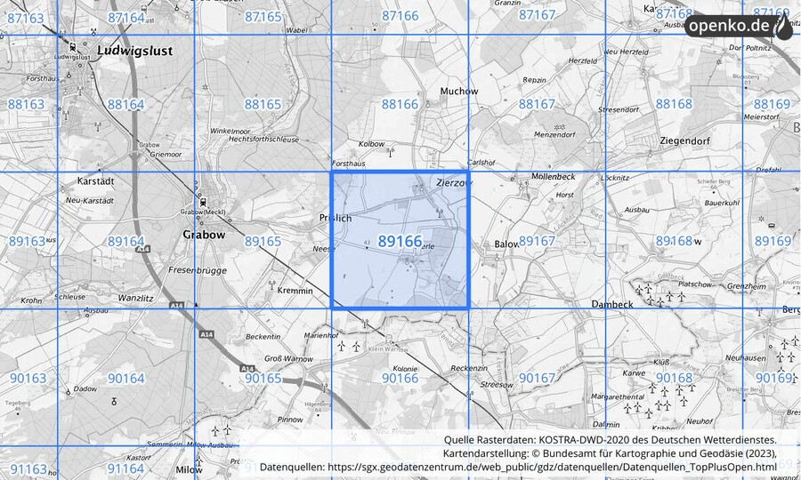 Übersichtskarte des KOSTRA-DWD-2020-Rasterfeldes Nr. 89166