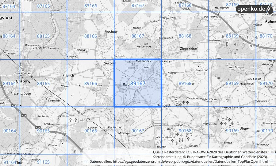 Übersichtskarte des KOSTRA-DWD-2020-Rasterfeldes Nr. 89167