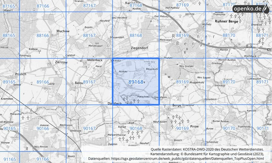 Übersichtskarte des KOSTRA-DWD-2020-Rasterfeldes Nr. 89168