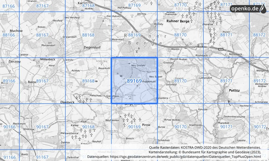 Übersichtskarte des KOSTRA-DWD-2020-Rasterfeldes Nr. 89169