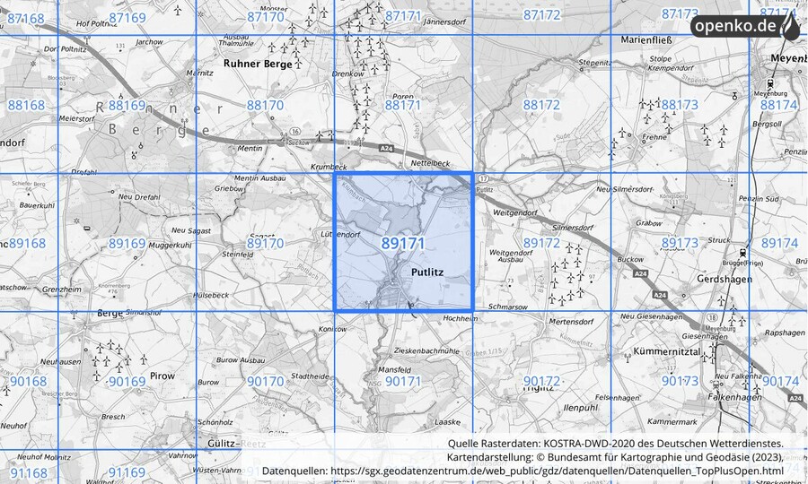 Übersichtskarte des KOSTRA-DWD-2020-Rasterfeldes Nr. 89171