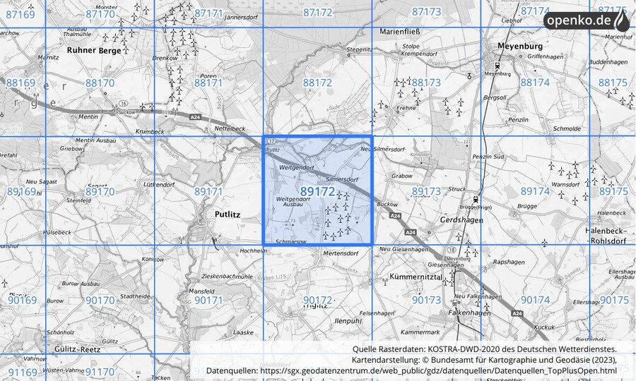 Übersichtskarte des KOSTRA-DWD-2020-Rasterfeldes Nr. 89172