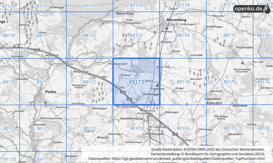 Übersichtskarte des KOSTRA-DWD-2020-Rasterfeldes Nr. 89173