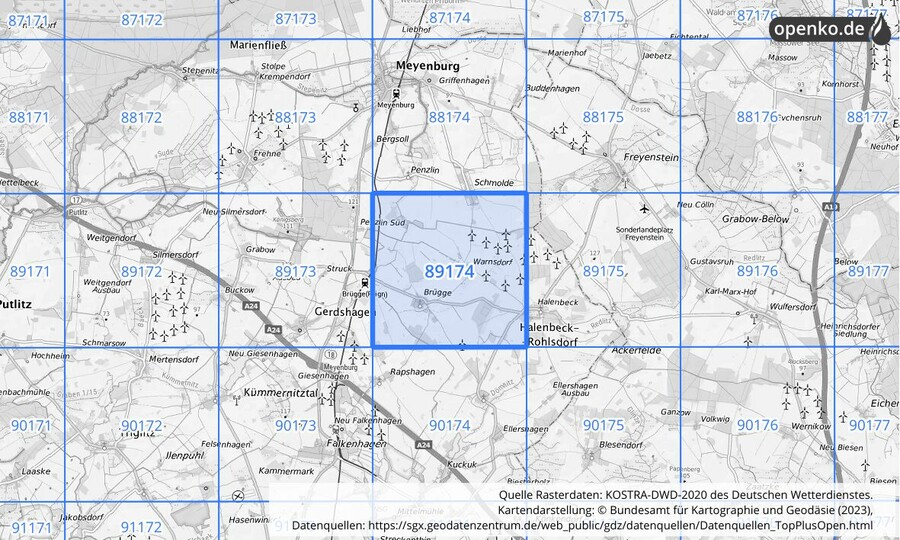 Übersichtskarte des KOSTRA-DWD-2020-Rasterfeldes Nr. 89174