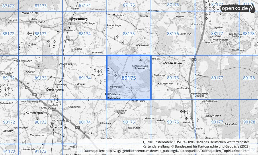 Übersichtskarte des KOSTRA-DWD-2020-Rasterfeldes Nr. 89175