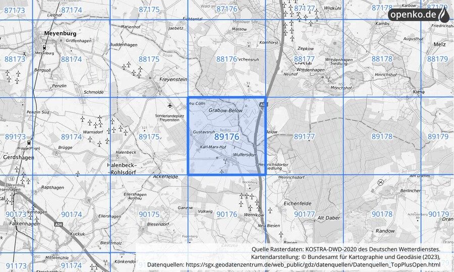 Übersichtskarte des KOSTRA-DWD-2020-Rasterfeldes Nr. 89176