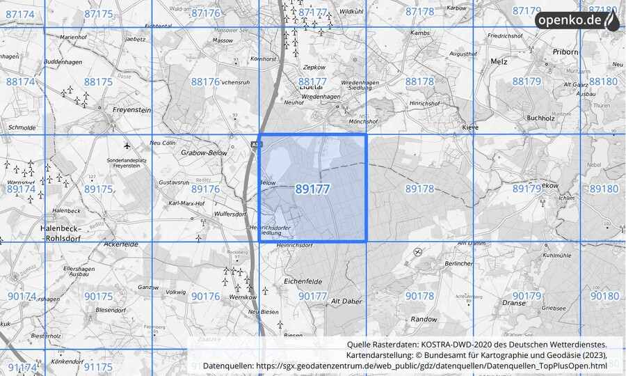 Übersichtskarte des KOSTRA-DWD-2020-Rasterfeldes Nr. 89177