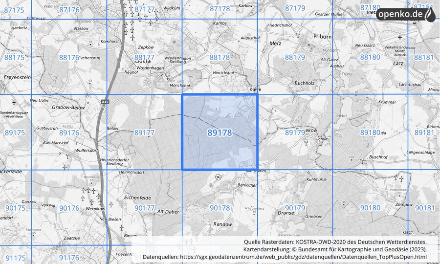 Übersichtskarte des KOSTRA-DWD-2020-Rasterfeldes Nr. 89178