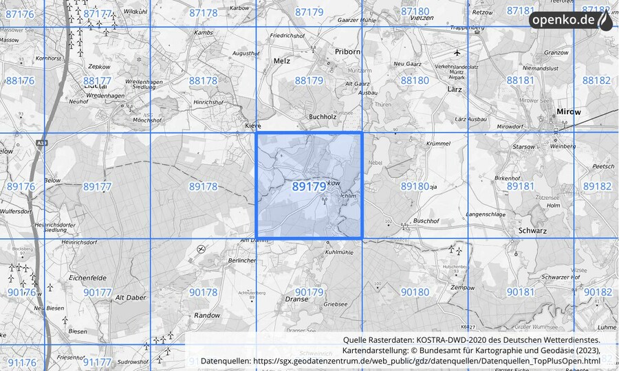 Übersichtskarte des KOSTRA-DWD-2020-Rasterfeldes Nr. 89179