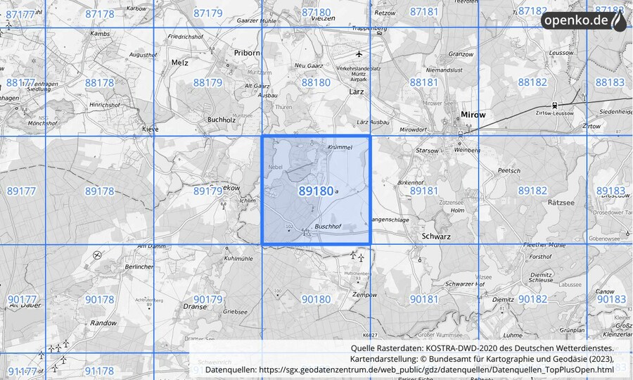 Übersichtskarte des KOSTRA-DWD-2020-Rasterfeldes Nr. 89180