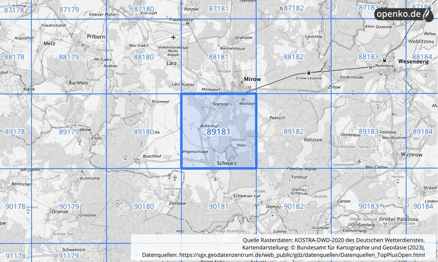 Übersichtskarte des KOSTRA-DWD-2020-Rasterfeldes Nr. 89181