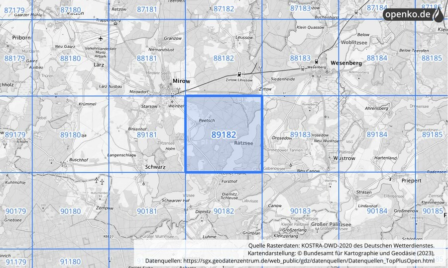 Übersichtskarte des KOSTRA-DWD-2020-Rasterfeldes Nr. 89182