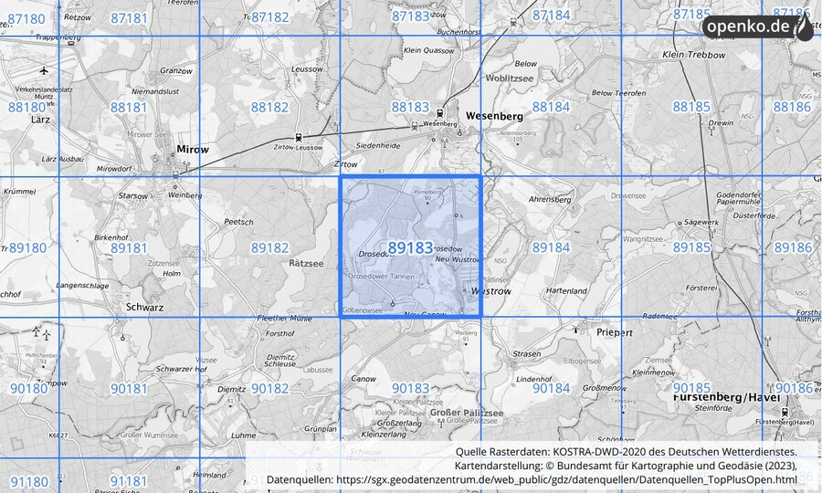 Übersichtskarte des KOSTRA-DWD-2020-Rasterfeldes Nr. 89183