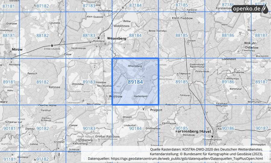 Übersichtskarte des KOSTRA-DWD-2020-Rasterfeldes Nr. 89184