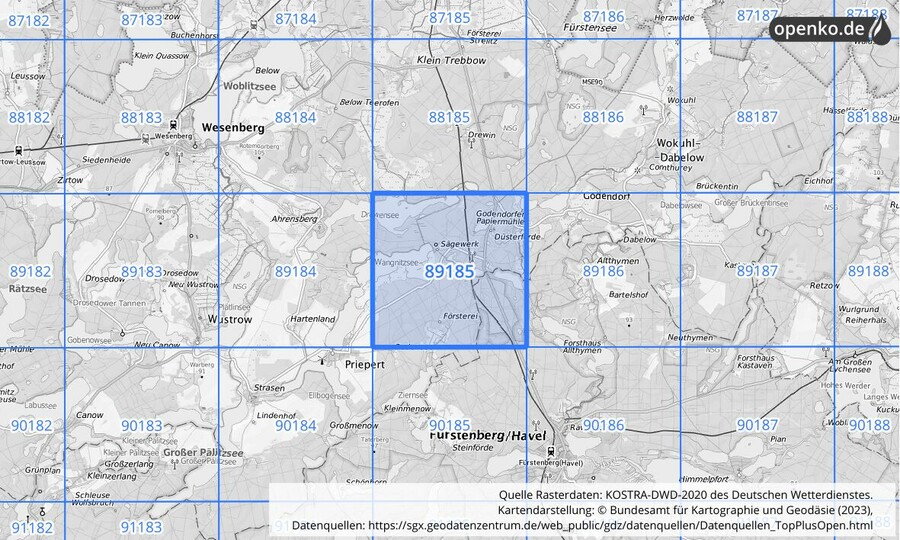 Übersichtskarte des KOSTRA-DWD-2020-Rasterfeldes Nr. 89185