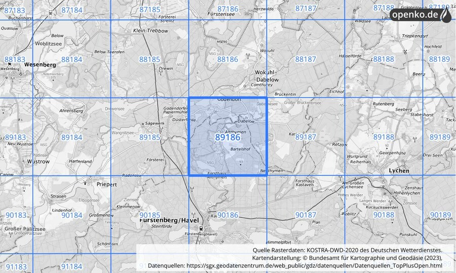 Übersichtskarte des KOSTRA-DWD-2020-Rasterfeldes Nr. 89186