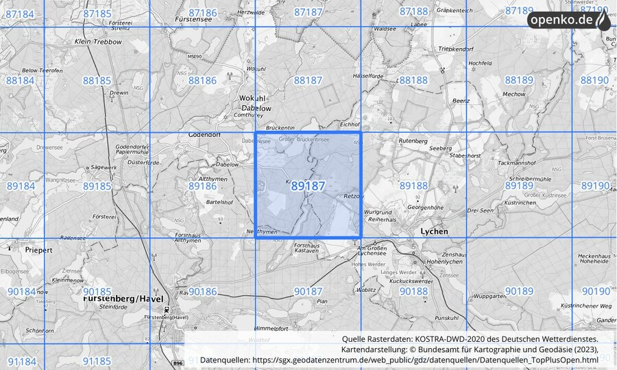 Übersichtskarte des KOSTRA-DWD-2020-Rasterfeldes Nr. 89187