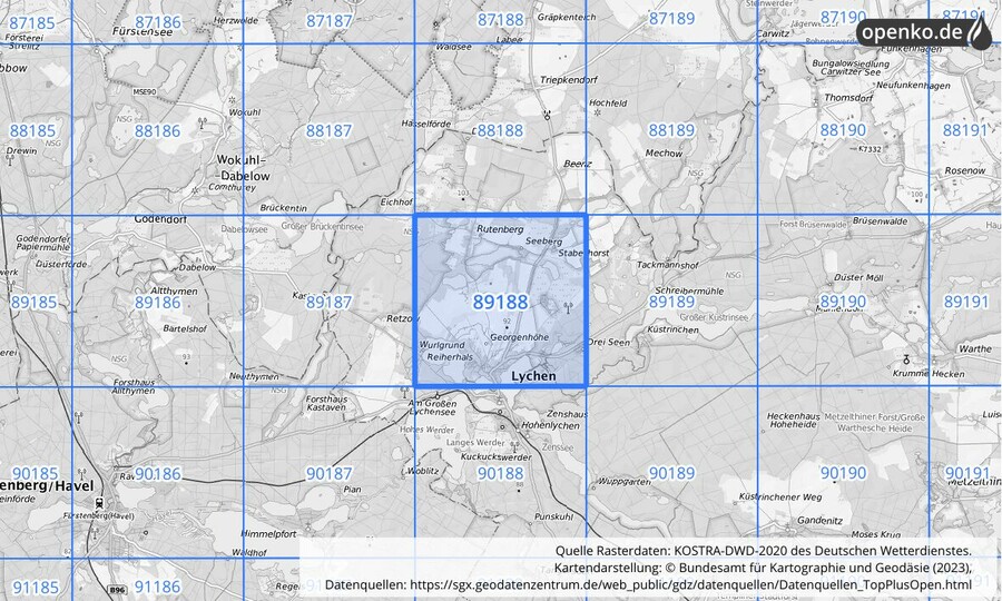 Übersichtskarte des KOSTRA-DWD-2020-Rasterfeldes Nr. 89188