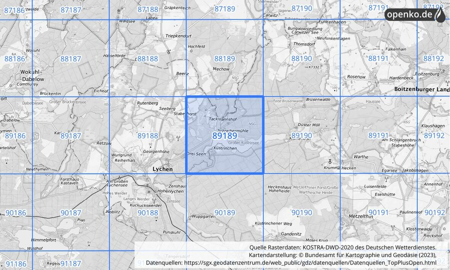 Übersichtskarte des KOSTRA-DWD-2020-Rasterfeldes Nr. 89189