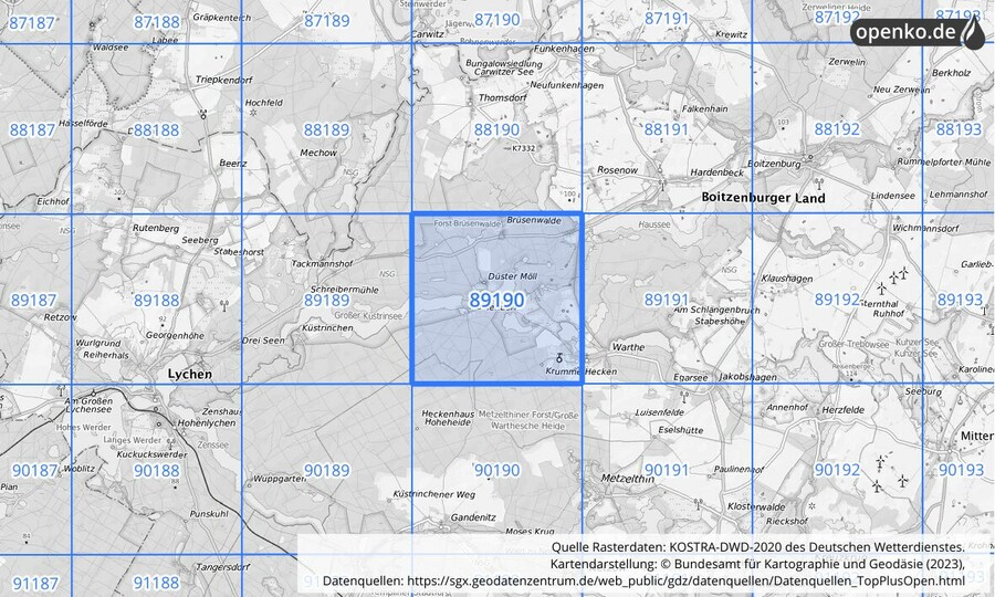 Übersichtskarte des KOSTRA-DWD-2020-Rasterfeldes Nr. 89190