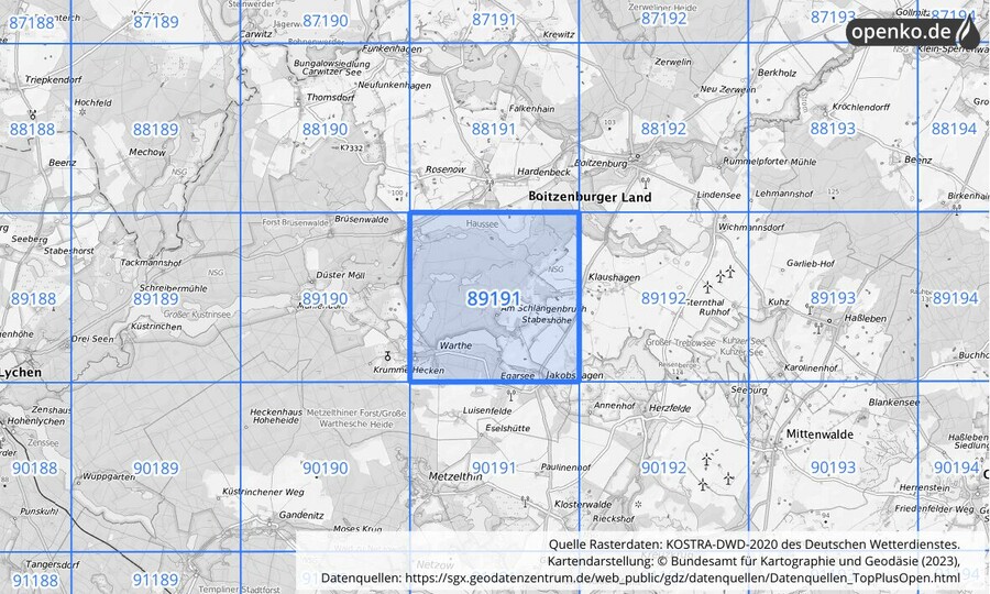 Übersichtskarte des KOSTRA-DWD-2020-Rasterfeldes Nr. 89191