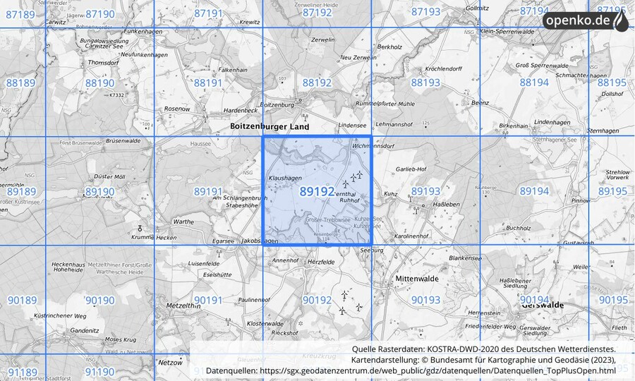 Übersichtskarte des KOSTRA-DWD-2020-Rasterfeldes Nr. 89192