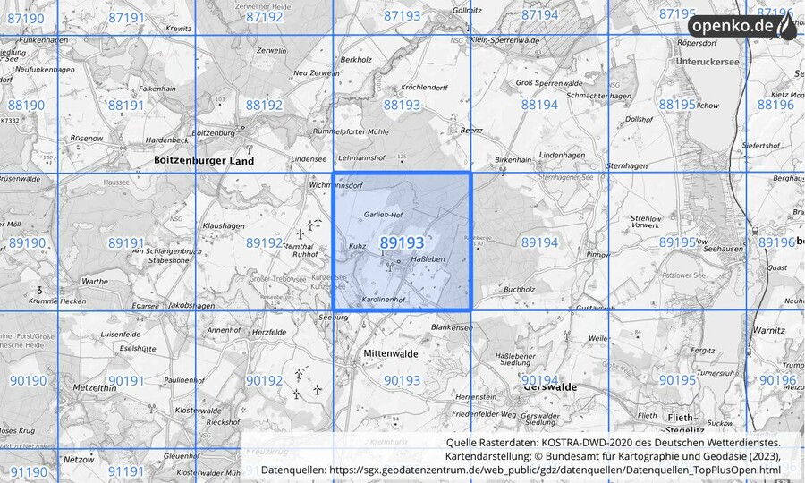 Übersichtskarte des KOSTRA-DWD-2020-Rasterfeldes Nr. 89193