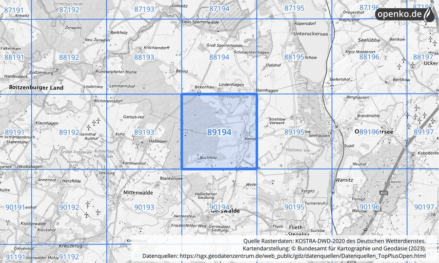 Übersichtskarte des KOSTRA-DWD-2020-Rasterfeldes Nr. 89194