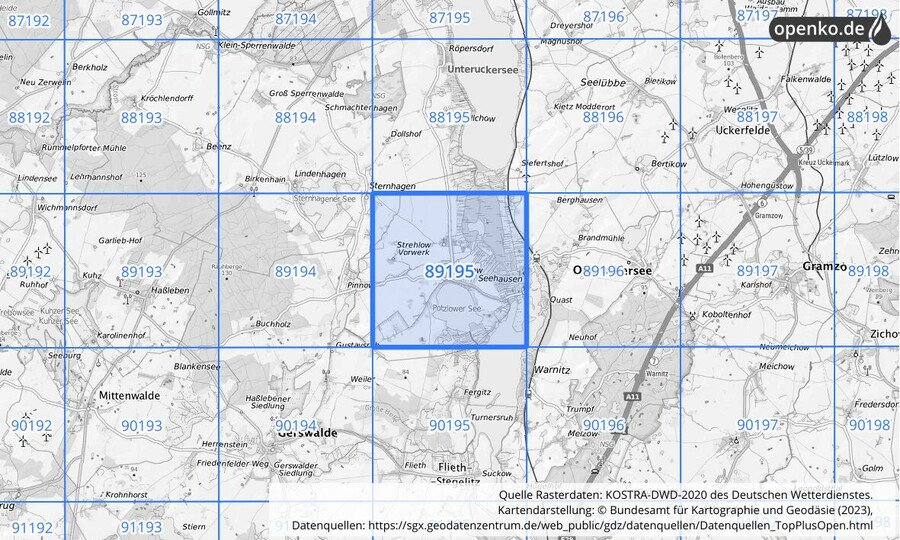 Übersichtskarte des KOSTRA-DWD-2020-Rasterfeldes Nr. 89195