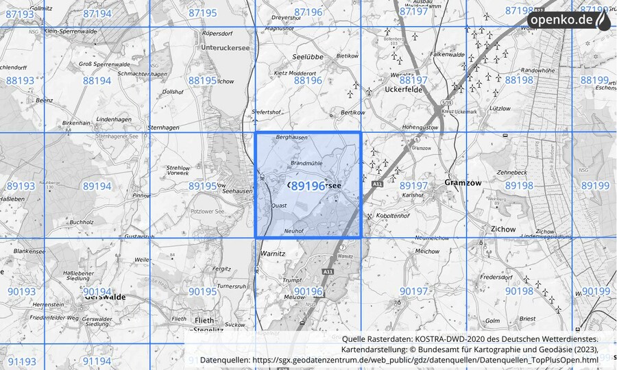 Übersichtskarte des KOSTRA-DWD-2020-Rasterfeldes Nr. 89196