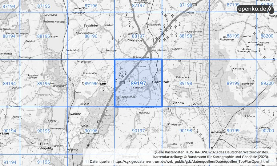 Übersichtskarte des KOSTRA-DWD-2020-Rasterfeldes Nr. 89197