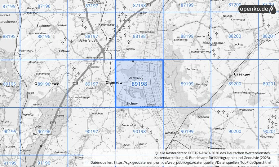 Übersichtskarte des KOSTRA-DWD-2020-Rasterfeldes Nr. 89198