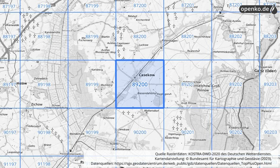 Übersichtskarte des KOSTRA-DWD-2020-Rasterfeldes Nr. 89200