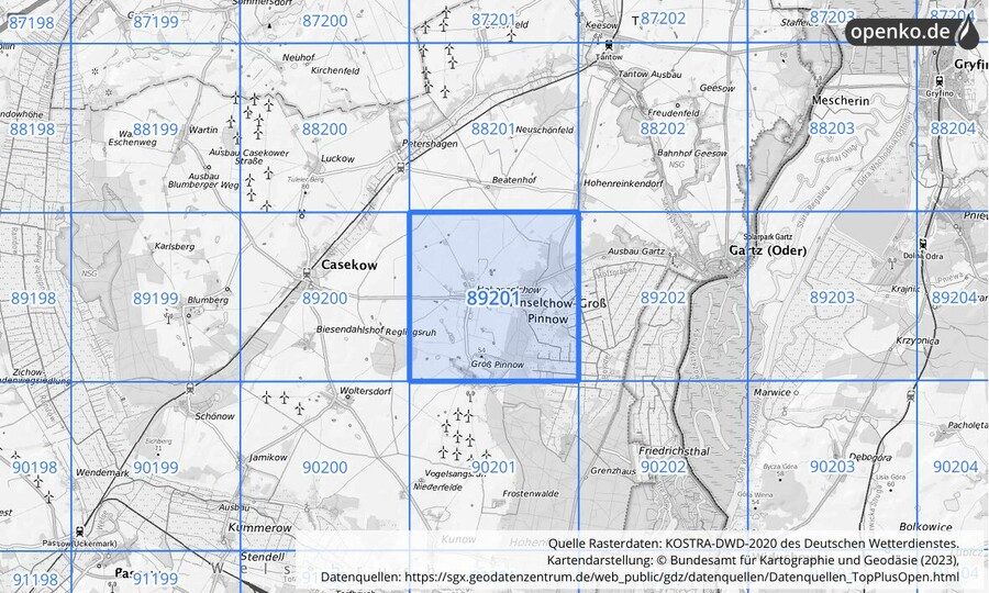 Übersichtskarte des KOSTRA-DWD-2020-Rasterfeldes Nr. 89201