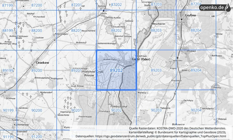 Übersichtskarte des KOSTRA-DWD-2020-Rasterfeldes Nr. 89202